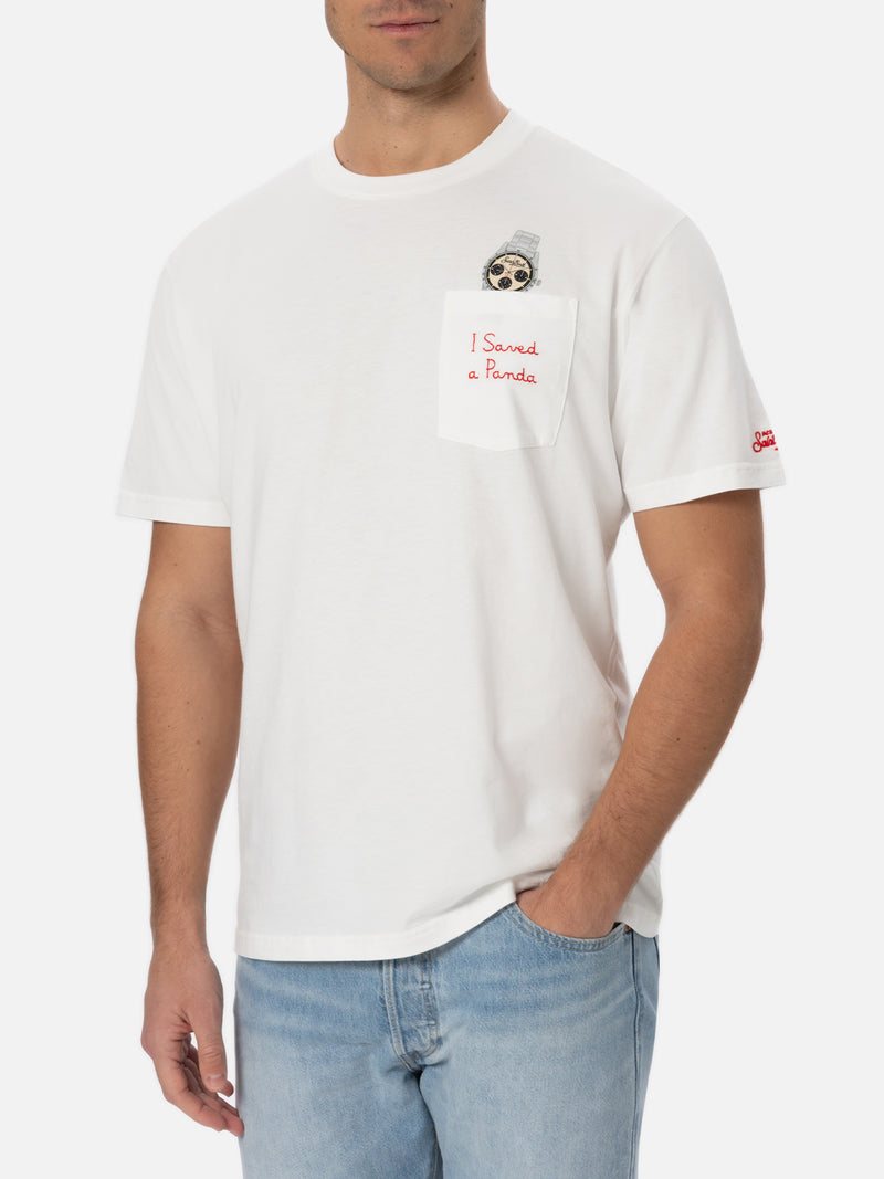 Man white cotton t-shirt Connor with I saved a panda embroidery