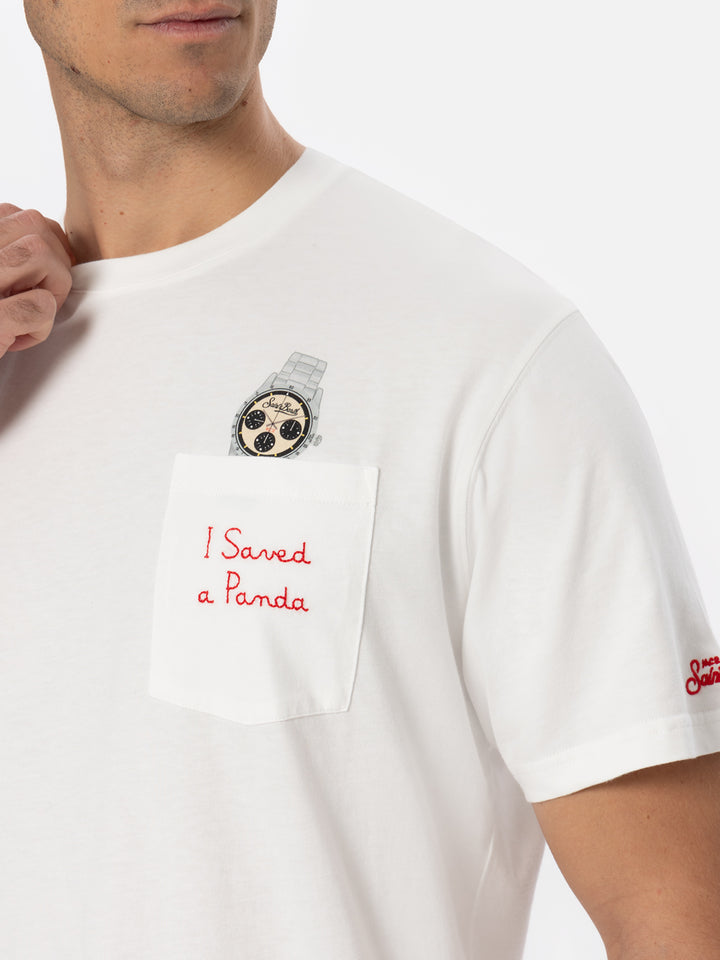 T-shirt bianca da uomo in cotone Connor con ricamo I saved a panda