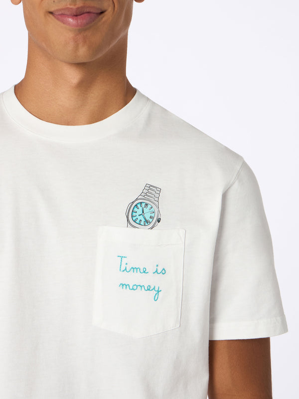 Weißes Baumwoll-T-Shirt für Herren „Connor“ mit „Time is money“-Stickerei