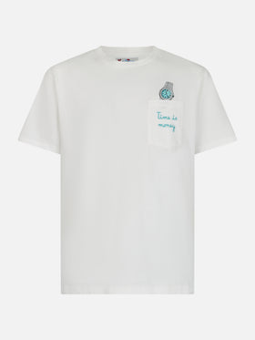 Weißes Baumwoll-T-Shirt für Herren „Connor“ mit „Time is money“-Stickerei