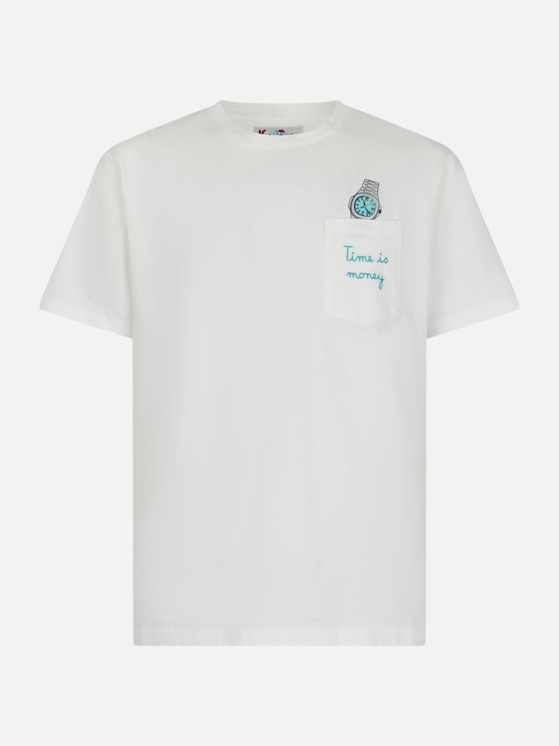 T-shirt da uomo in cotone bianco Connor con ricamo Time is money