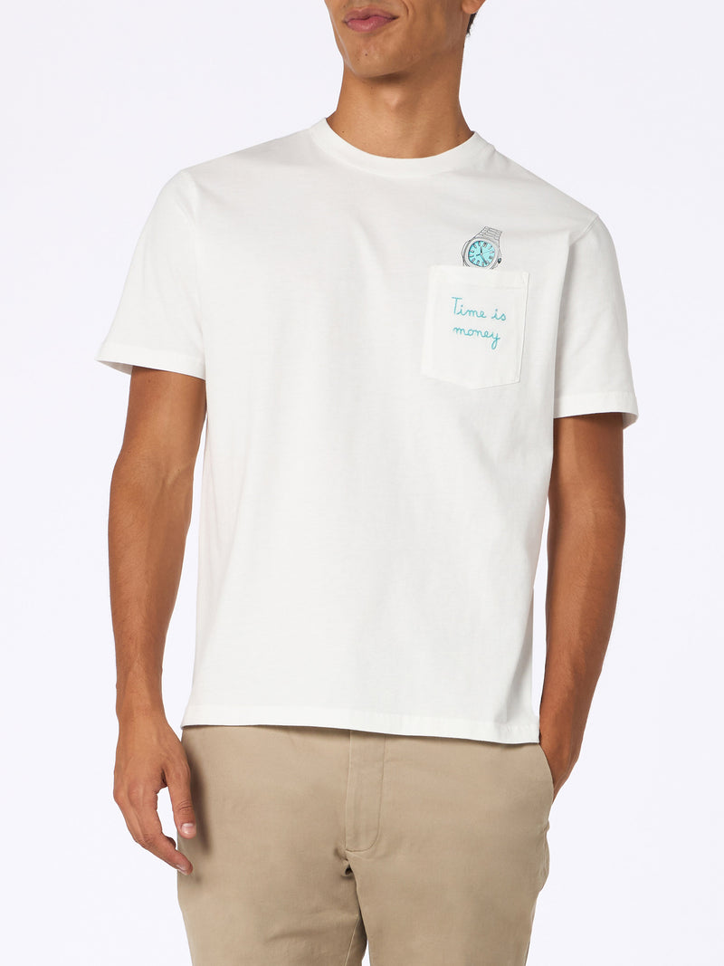 T-shirt da uomo in cotone bianco Connor con ricamo Time is money