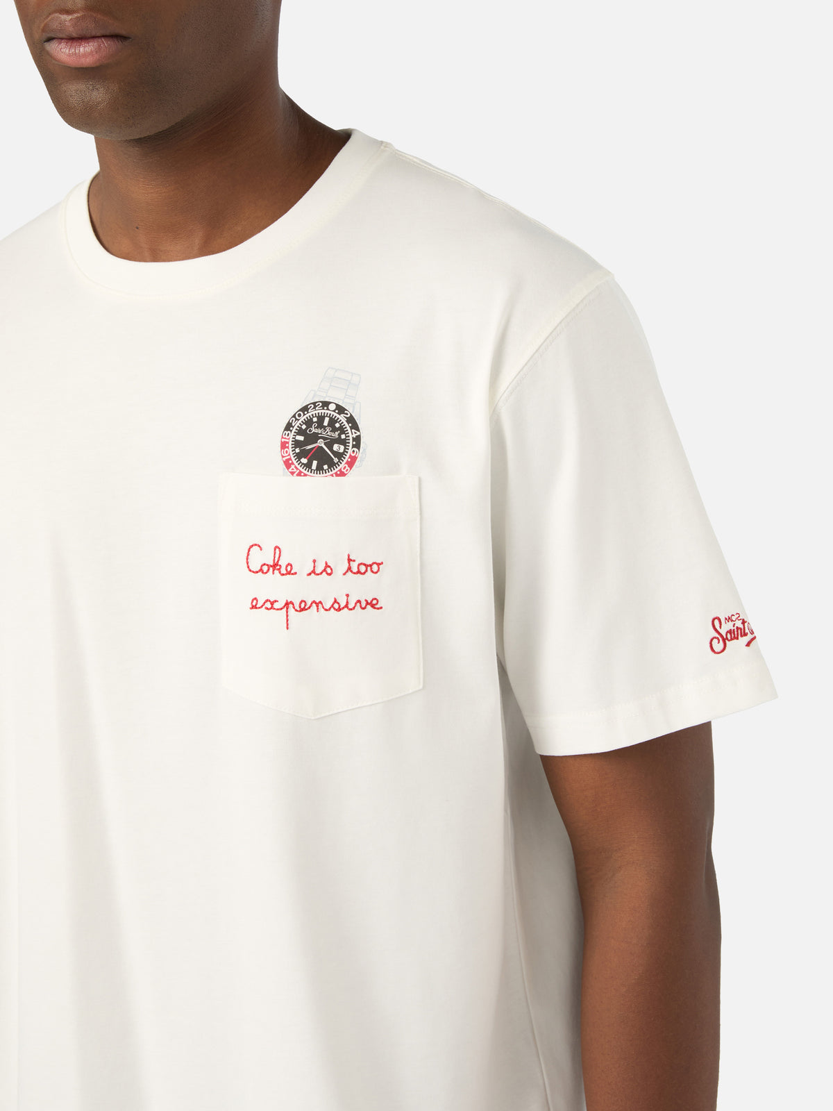 Camiseta de algodón Connor blanca con estampado de reloj y bordado Cara Ho Un Expensive 