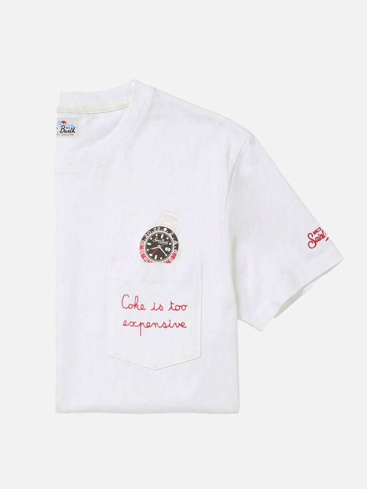 Weißes T-Shirt aus Connor Baumwolle mit Uhren-Print und Cara Ho Un Expensive Stickerei 