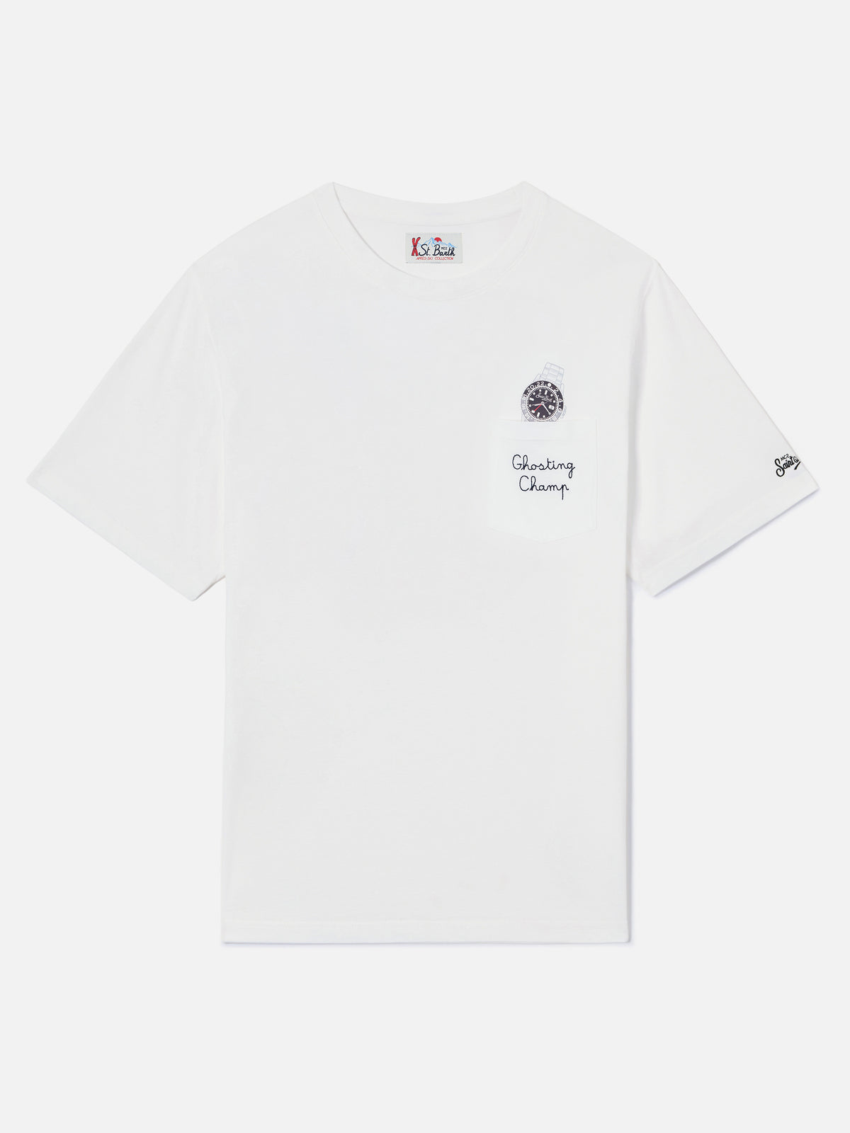 Camiseta de algodón Connor blanca con estampado de reloj y bordado Ghosting Champ 