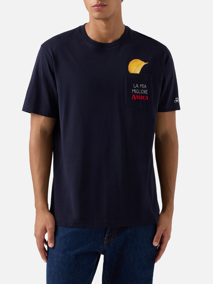 Navy blue Connor organic cotton t-shirt with Amica Chips print and embroidery | Special edition