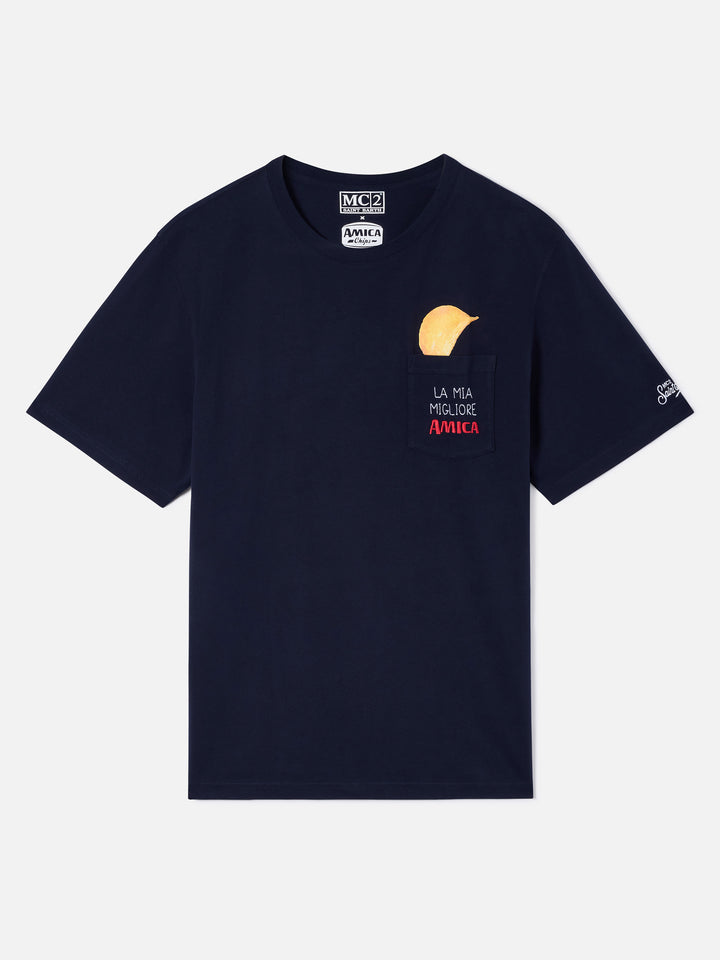 Navy blue Connor organic cotton t-shirt with Amica Chips print and embroidery | Special edition