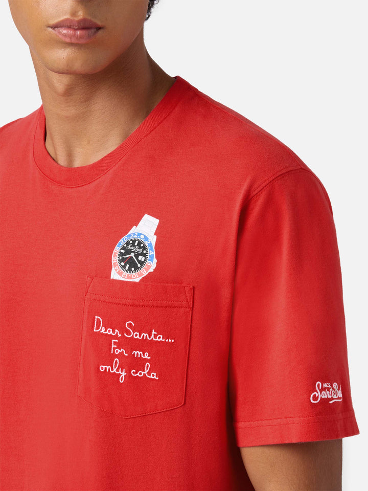 T-shirt Connor in cotone invernale rosso con ricamo sul taschino Dear Santa...
