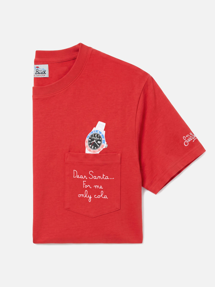 Camiseta Connor de algodón de invierno en rojo con bordado Dear Santa... en el bolsillo 