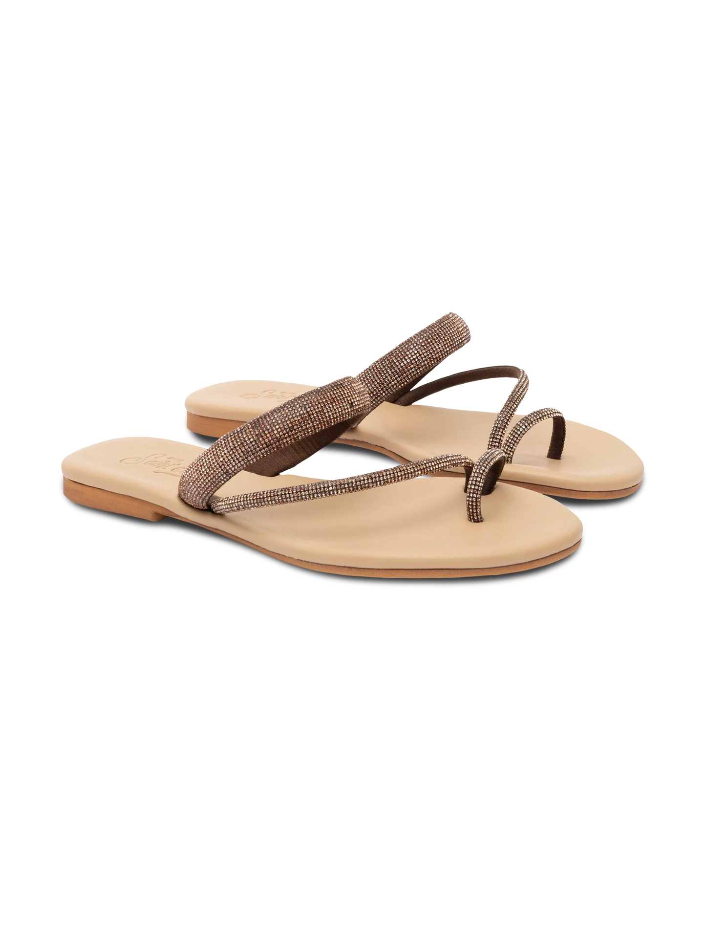 Cora flat Sandals with toe ring and brown rhinestones