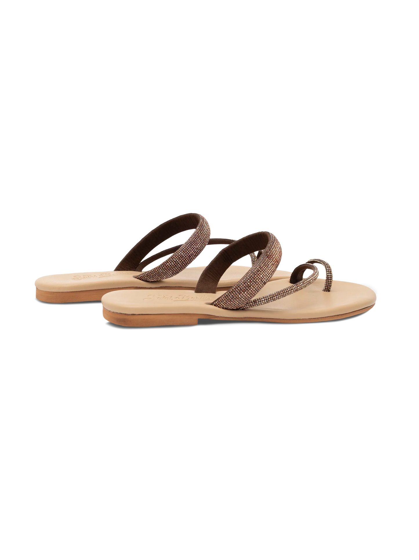 Cora flat Sandals with toe ring and brown rhinestones