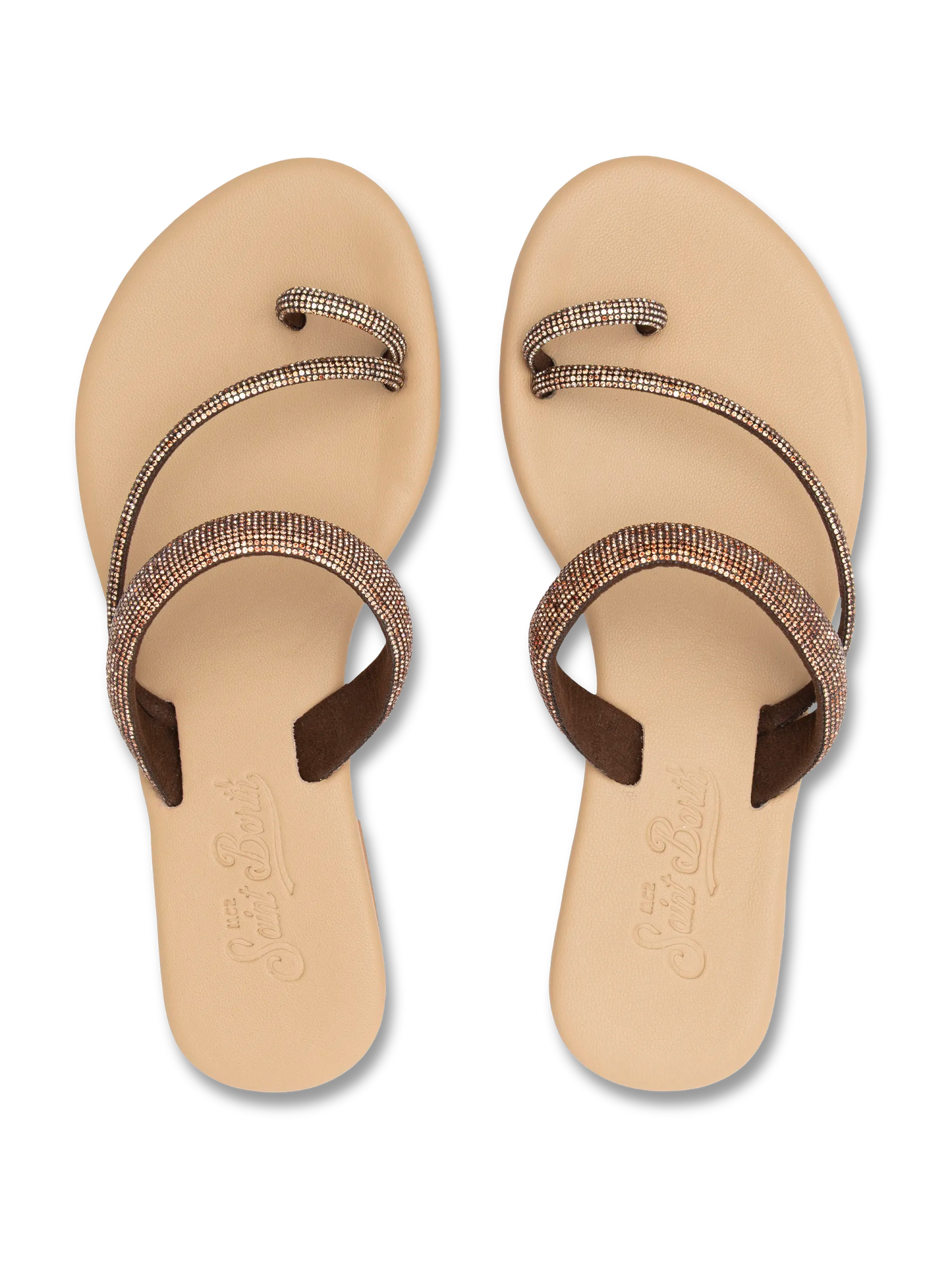 Cora flat Sandals with toe ring and brown rhinestones