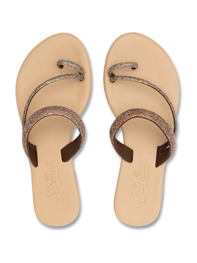 Cora flat Sandals with toe ring and brown rhinestones