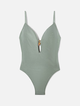 Crunchy one-piece swimsuit in military green glossy finish with charms