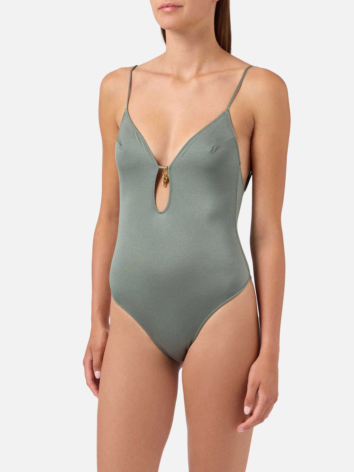 Crunchy one-piece swimsuit in military green glossy finish with charms