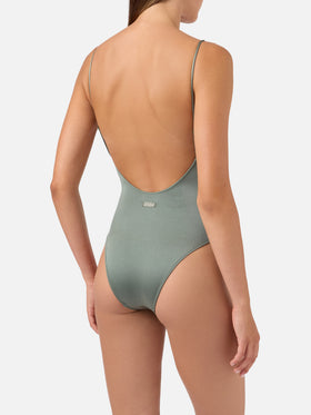 Crunchy one-piece swimsuit in military green glossy finish with charms