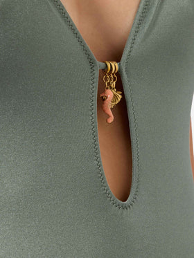 Crunchy one-piece swimsuit in military green glossy finish with charms