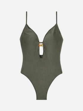 Crunchy one-piece swimsuit in military green glossy finish with charms
