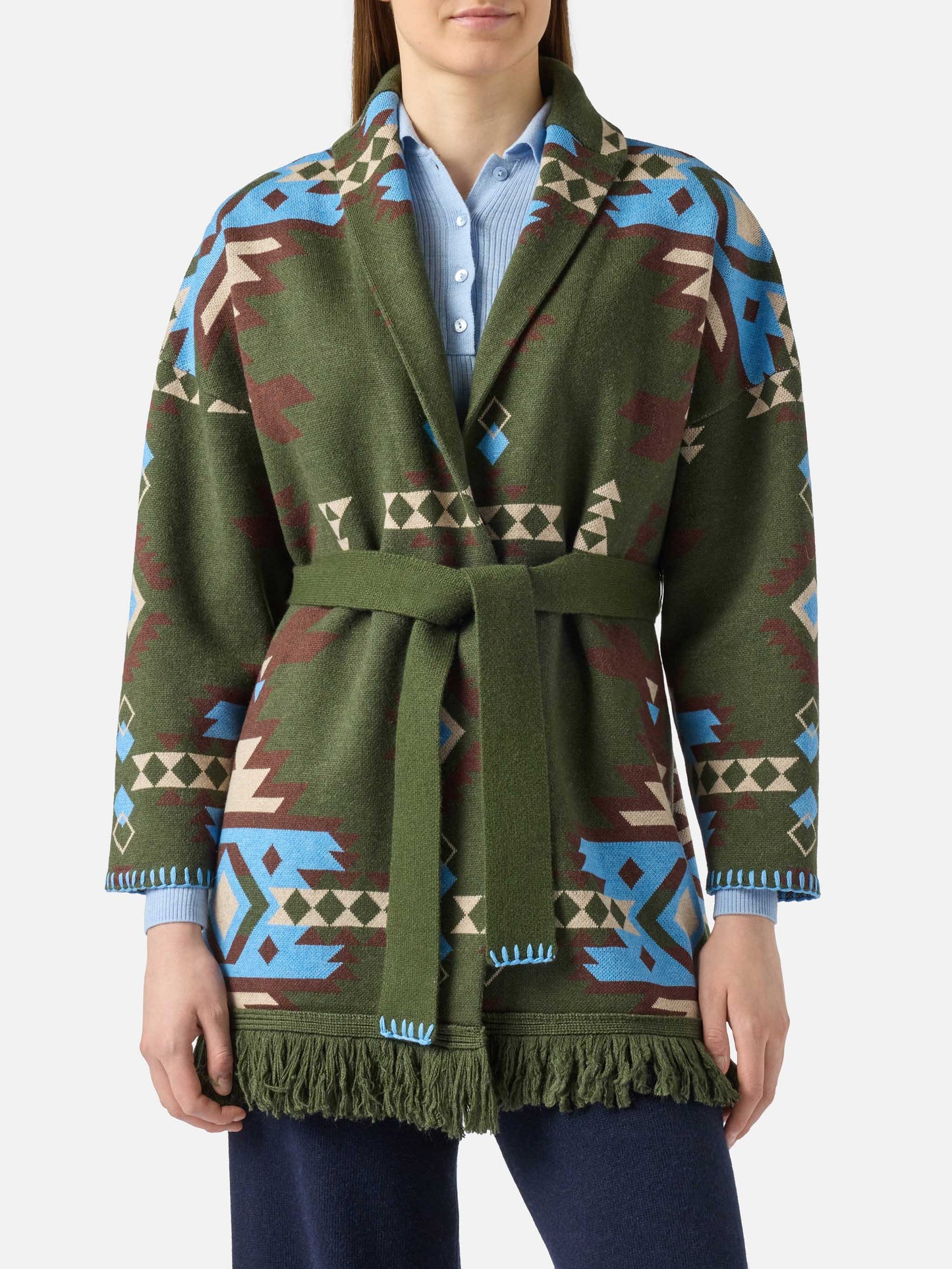 Blended cardigan Cristabel with belt and ethnic print