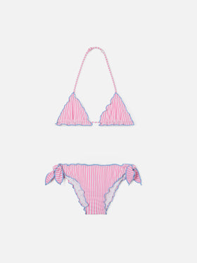 Cris white and pink seersucker striped bikini with ruffled edges