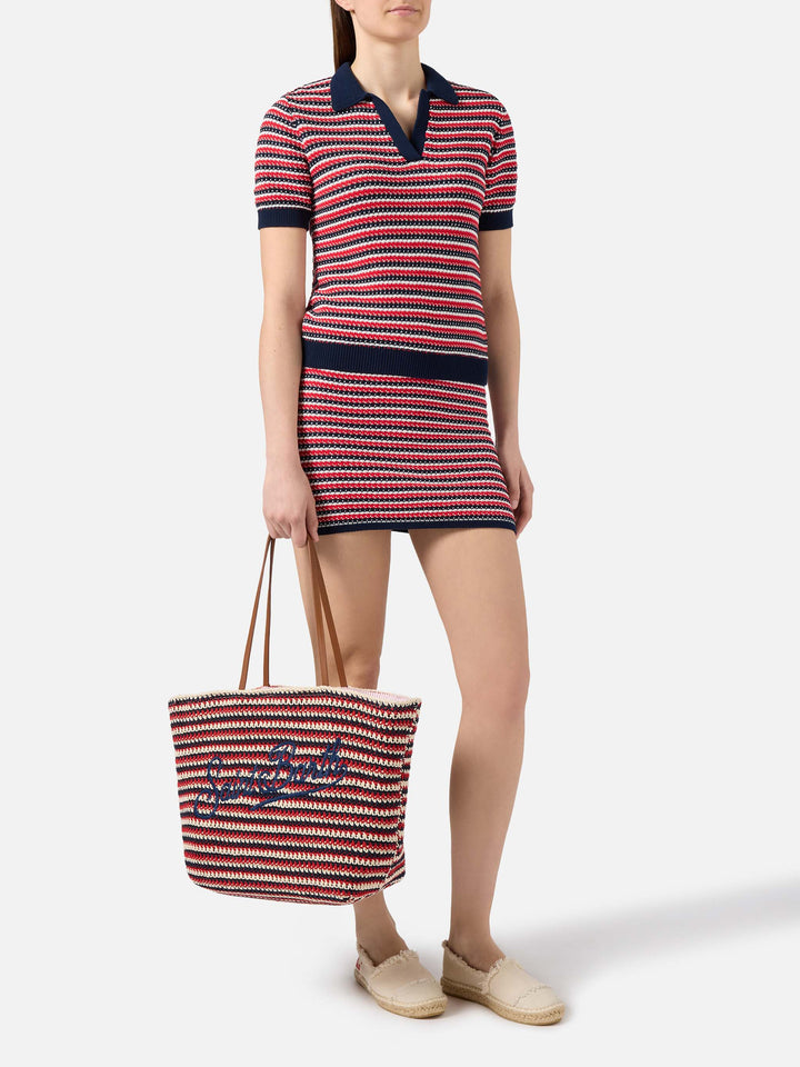Crochet Tote bag in blue and red stripes with embroidered logo