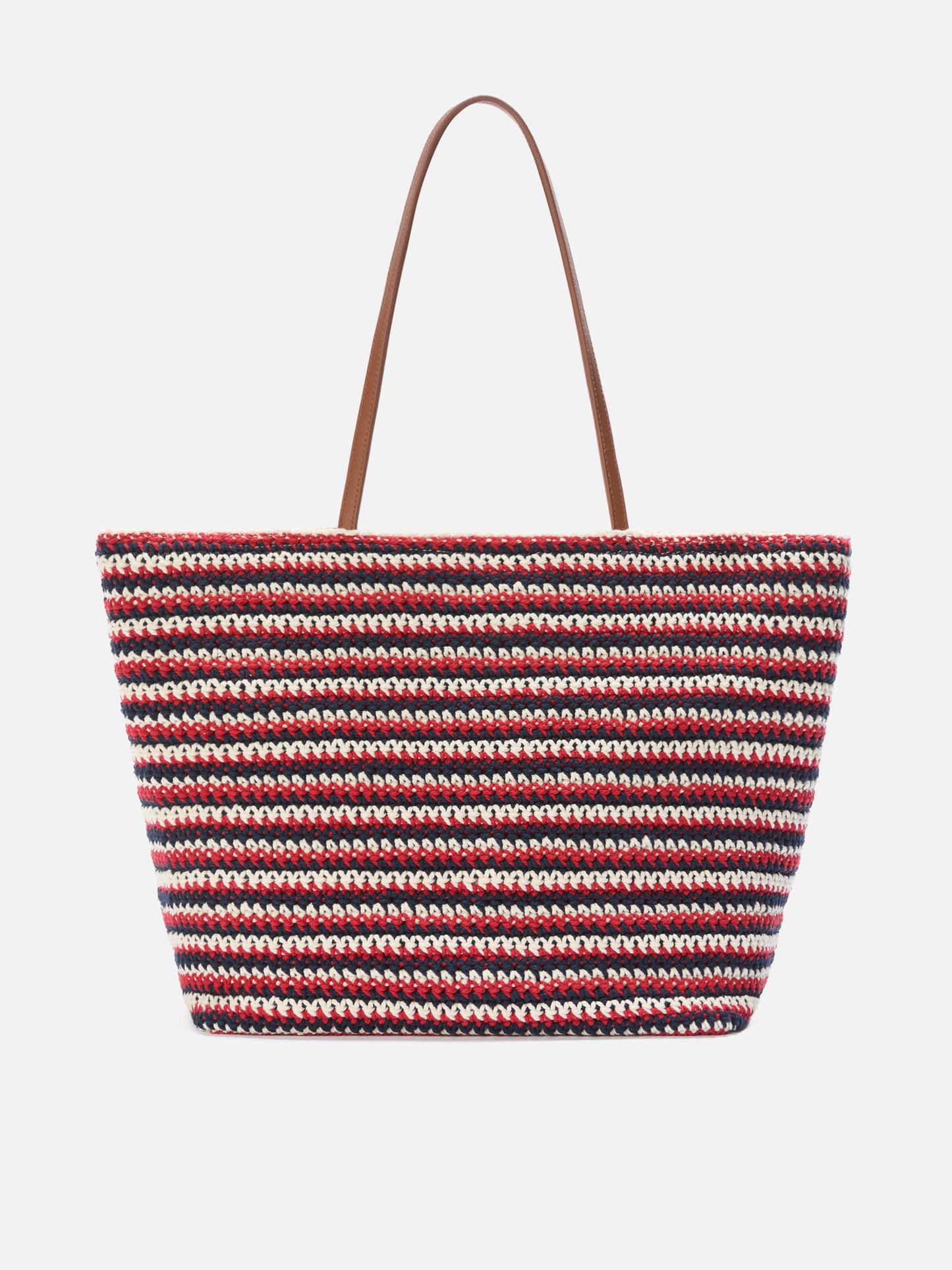Crochet Tote bag in blue and red stripes with embroidered logo