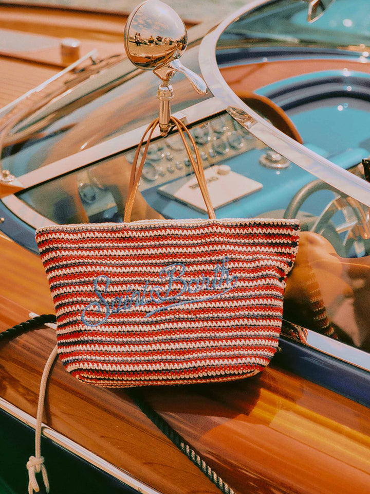 Sac cabas en crochet à rayures bleues et rouges avec logo brodé 