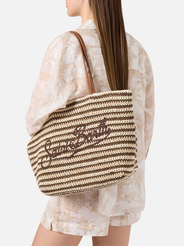 Borsa Tote Crochet a righe beige e marroni con logo ricamato
