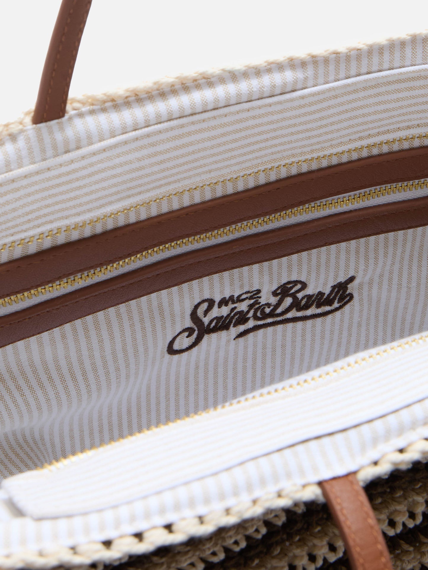 Crochet Tote bag in beige and brown stripes with embroidered logo