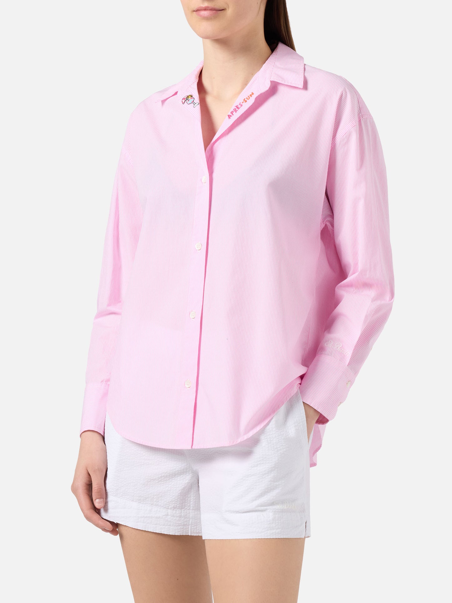Camicia Cristal in popeline di cotone a righe rosa con ricami