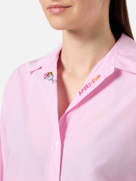 Camicia Cristal in popeline di cotone a righe rosa con ricami