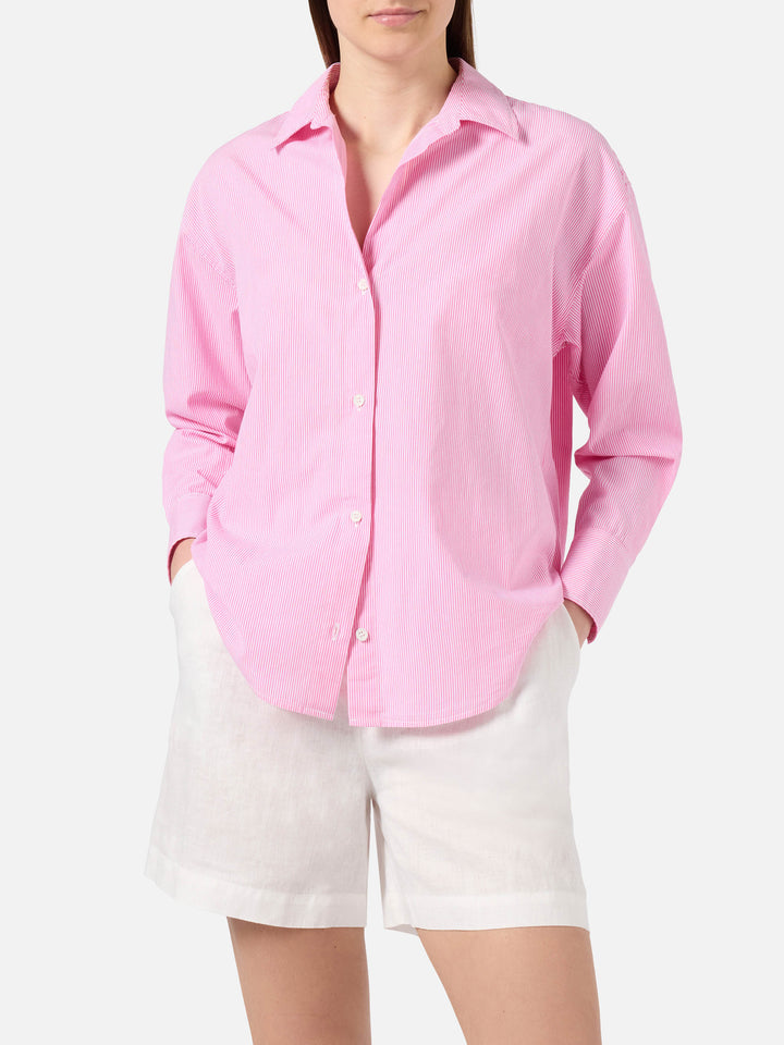 Camicia Cristal in cotone a righe rosa con ricamo Meet Me In Saint Barth