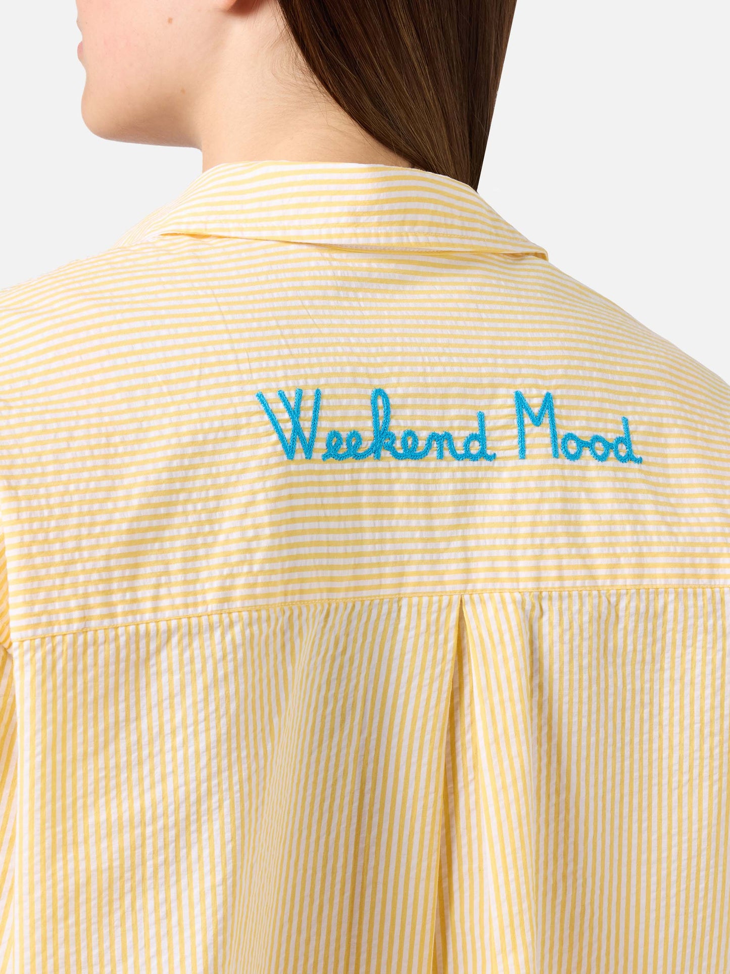 Yellow striped seersucker Cristal shirt with Weekend Mood embroidery