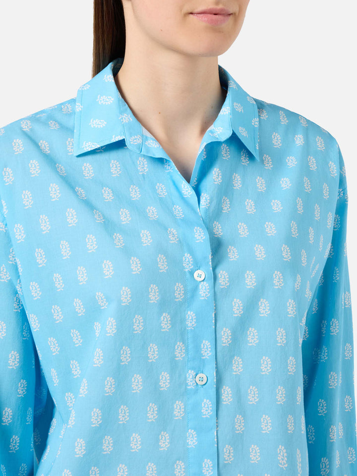 Light blue cotton voile Cristal shirt with paisley print