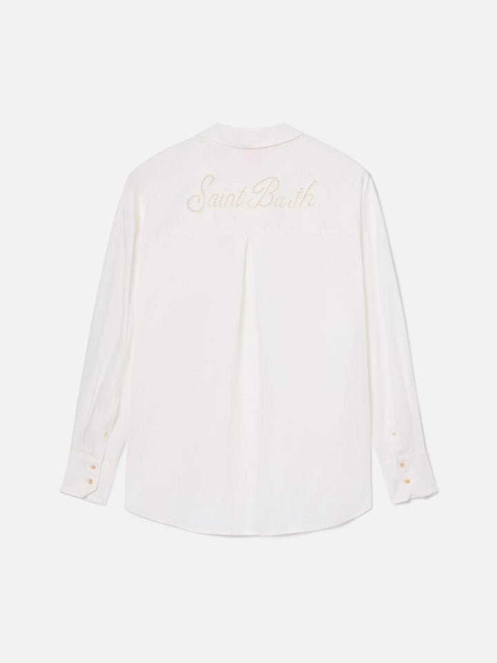 White linen Cristal shirt with perforated Saint Barth embroidery