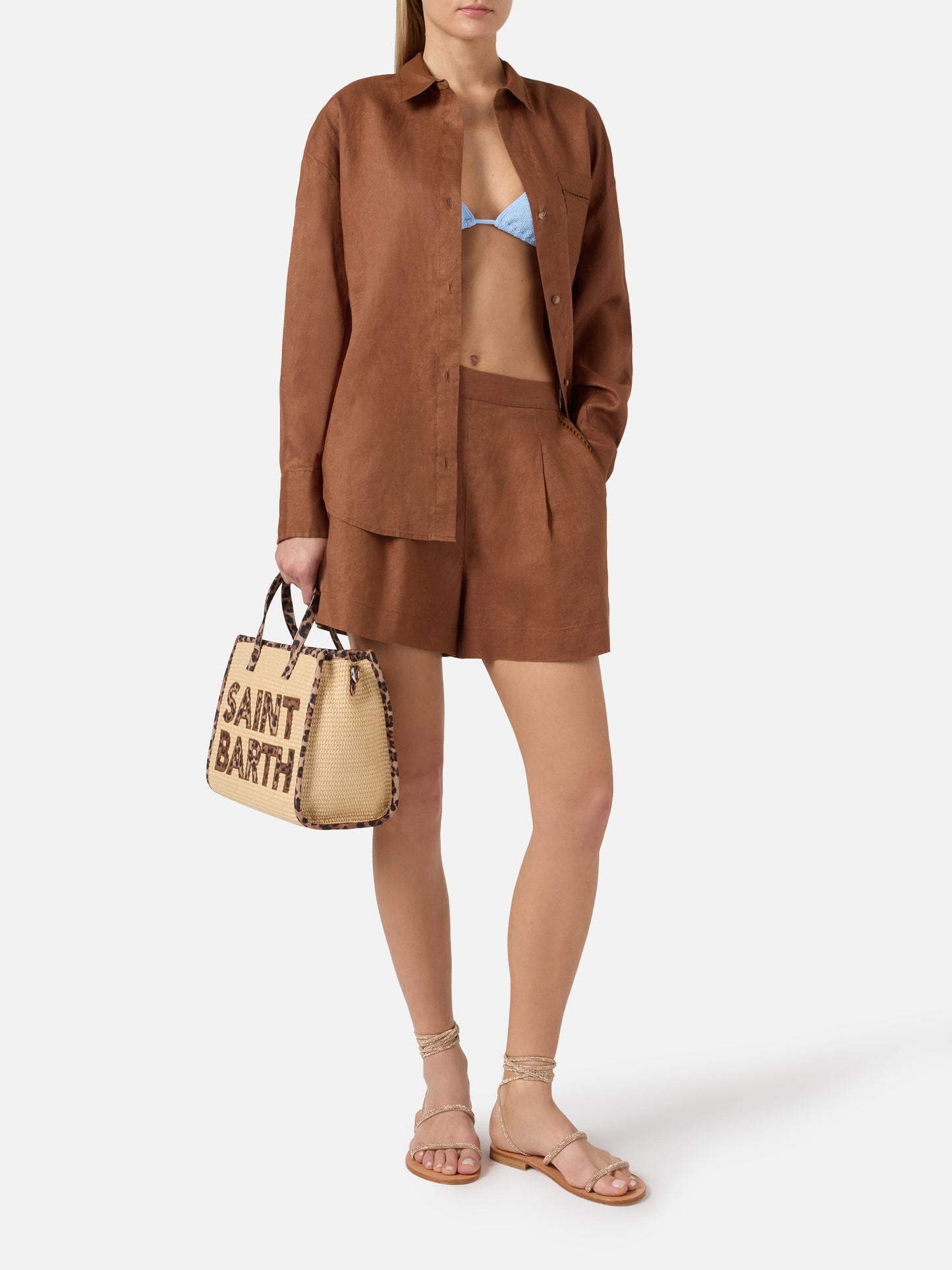 Camicia Cristal in lino marrone con ricamo Saint Barth traforato