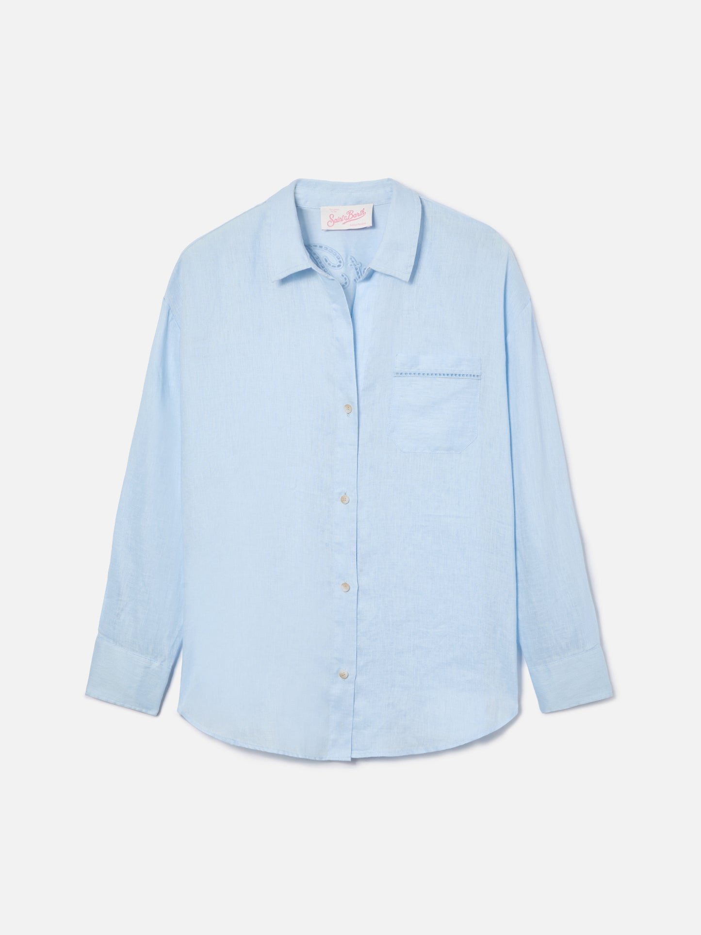 Camicia Cristal in lino azzurro con ricamo Saint Barth traforato