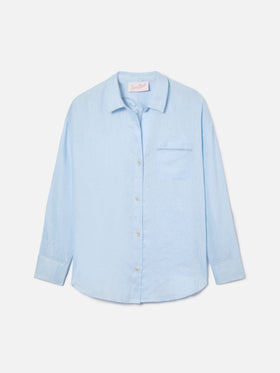 Camicia Cristal in lino azzurro con ricamo Saint Barth traforato