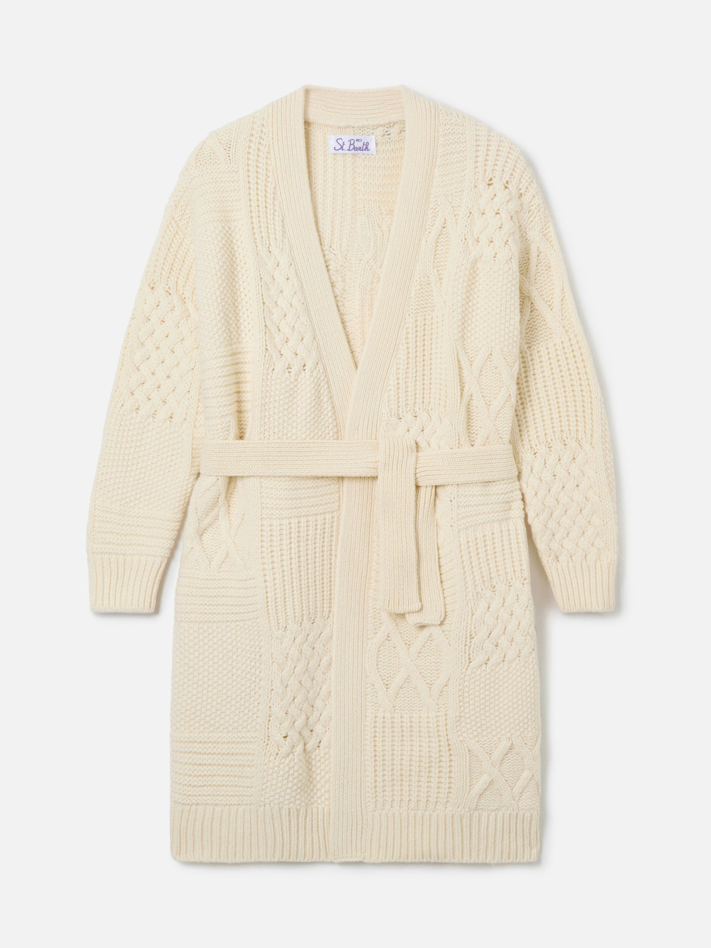 Maxi cardigan da donna con ricamo e cintura