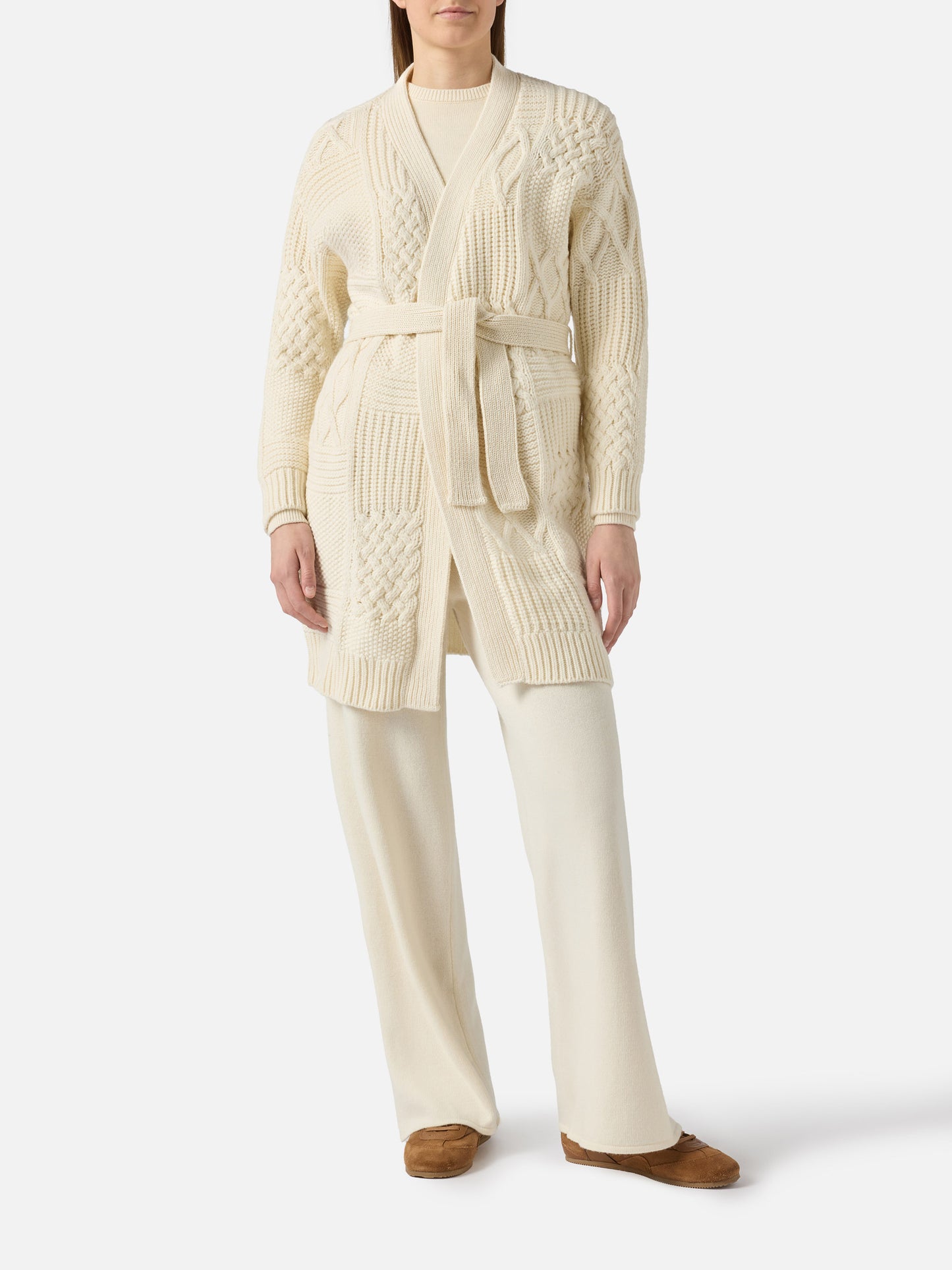 Maxi cardigan da donna con ricamo e cintura