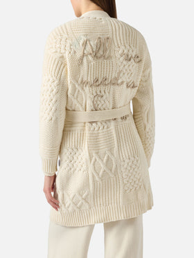 Maxi cardigan da donna con ricamo e cintura
