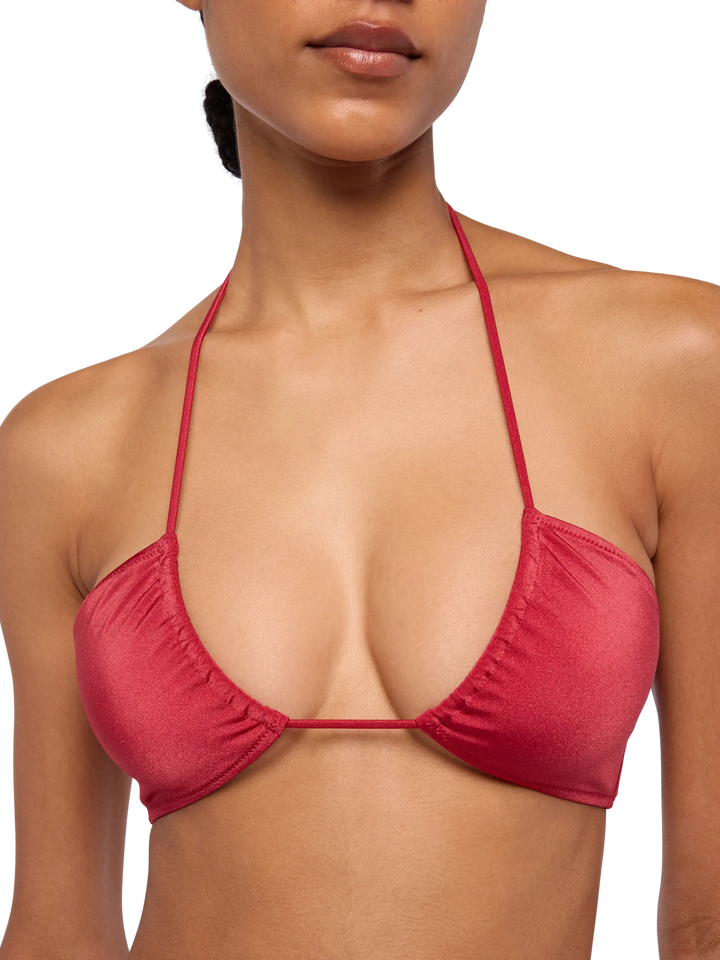 Dahlia top a fascia rosso mattone shimmer - Norah slip mare cheeky con stampa cow skin