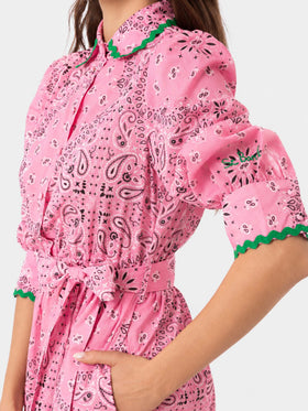 Vestido corto Daisi de algodón con estampado bandanna y bordados 