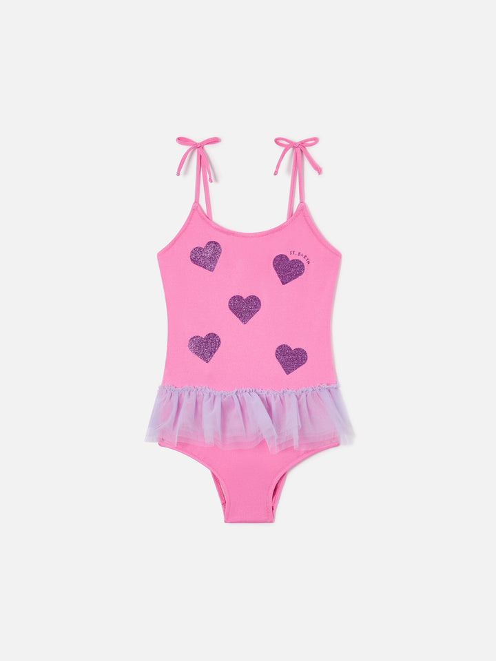 Bañador de una pieza Dancer con volante de tul y corazones con purpurina 