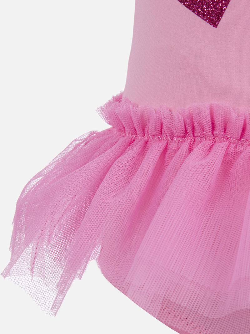 Costume intero Dancer con balza in tulle e cuori glitterati