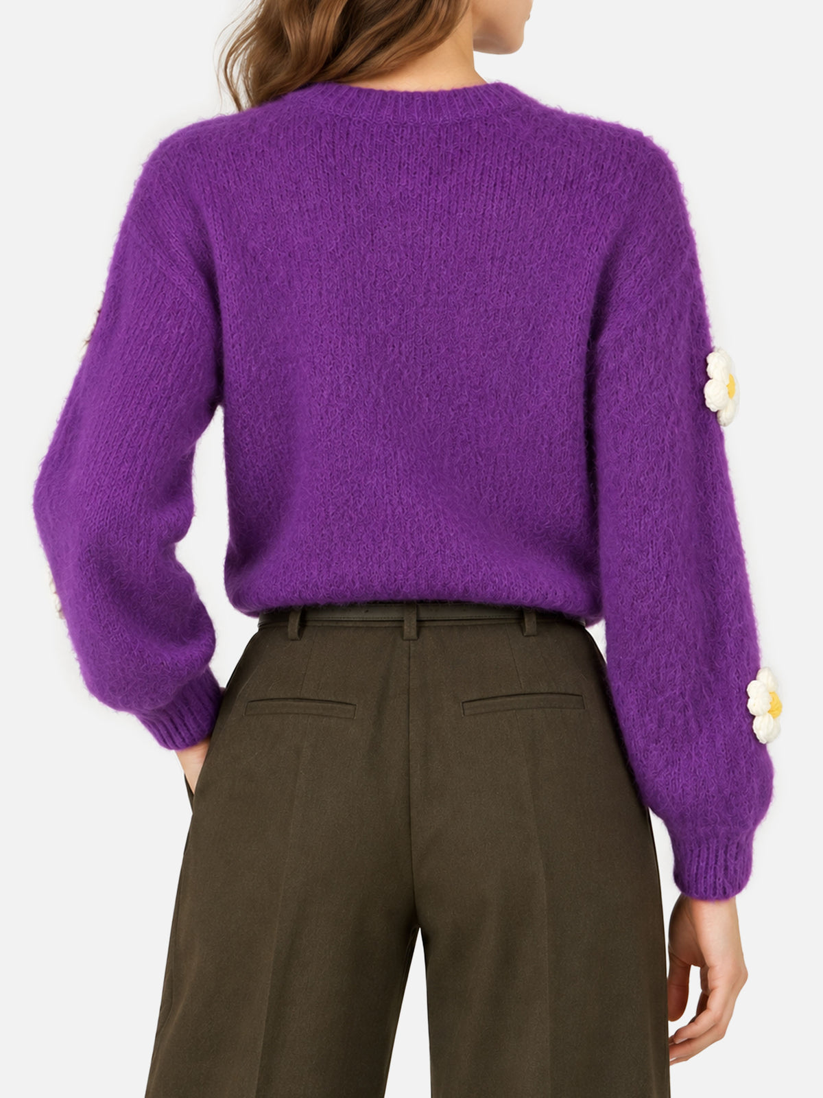 Purple Danya Soft crewneck sweater with daisy appliqués