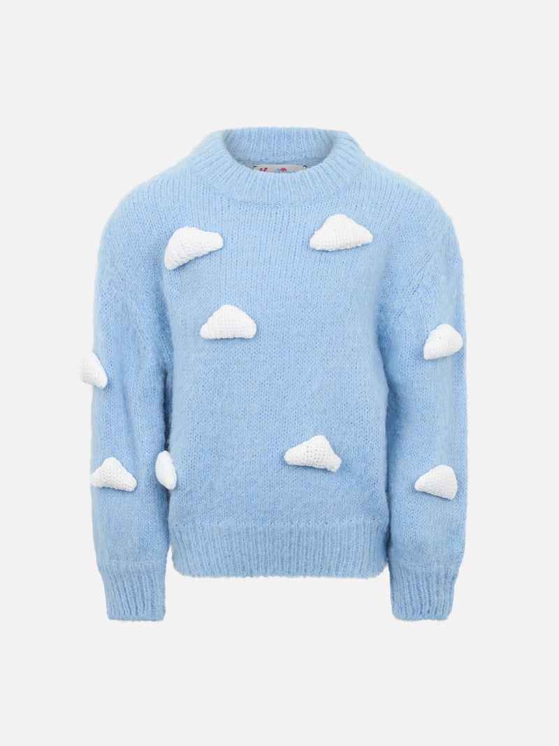 Weicher Mädchenpullover Danya Jr in kastiger Form mit gehäkelten 3D-Wolken-Patches