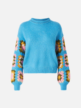 Ultra soft crewneck Danya Soft Crochet Jr with handmade crochet sleeves
