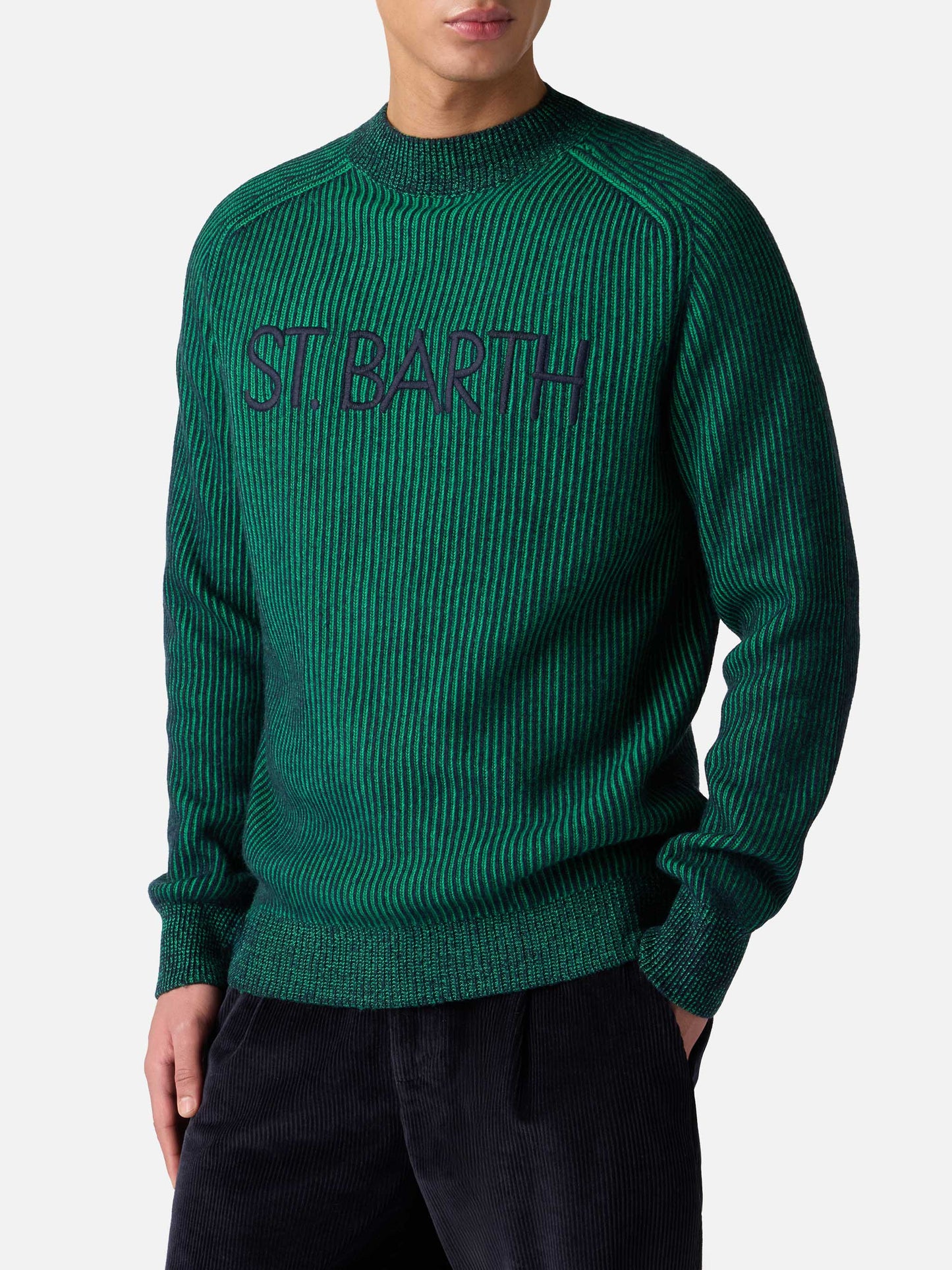 Man green half-turtleneck ribbed sweater