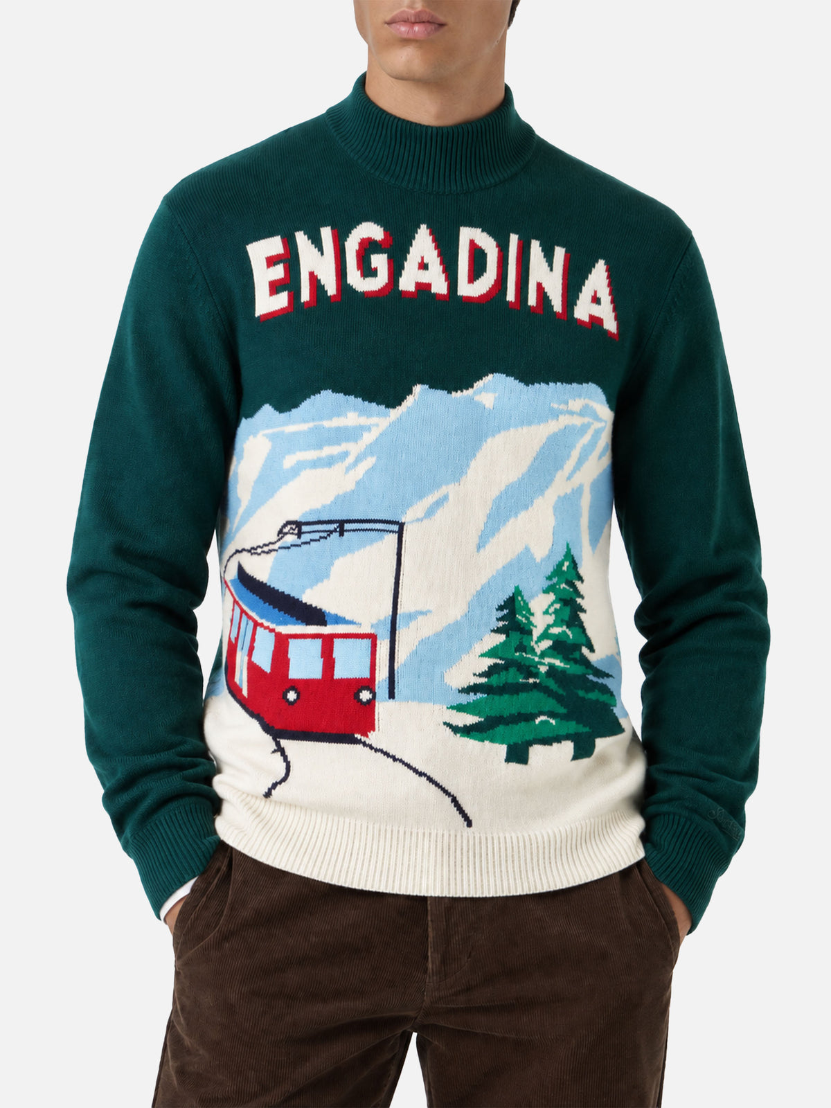 Green Davos half turtleneck sweater with Engadina postcard